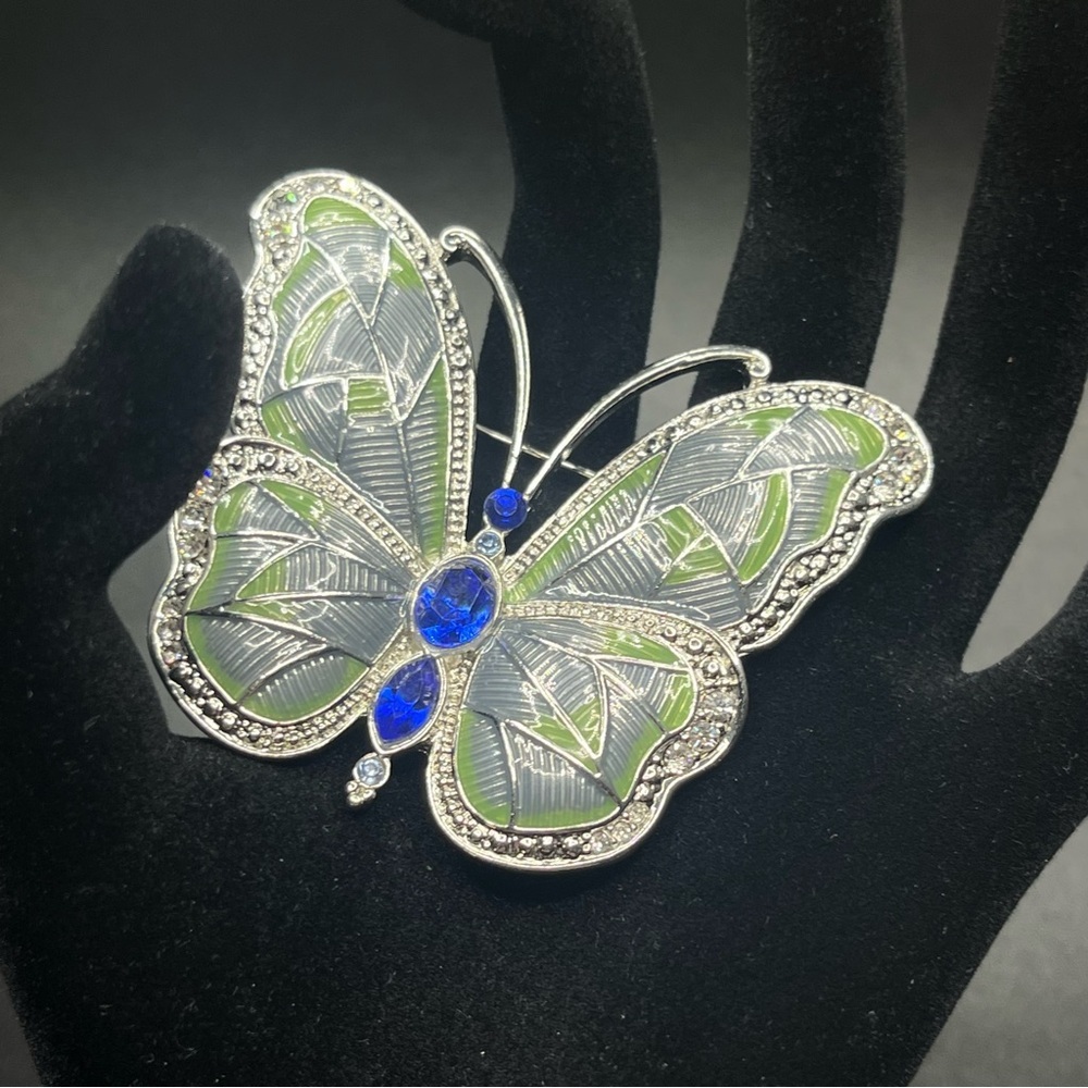 Napier butterfly brooch enamel rhinestone silver tone blue green statement pin
